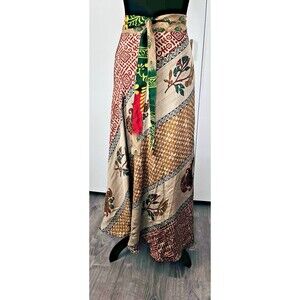 Maxi Reversible Sari Silk Wrap Skirt OSFM Multi layer Hippie Boho Festival Art